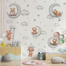 卡通熊月亮云墙贴，贴纸，墙贴花，乙烯基贴花用于家居装饰，春季装饰品让您的家焕然一新，节日装饰贴纸礼物生日毕业 - 彩色 - 查看 1