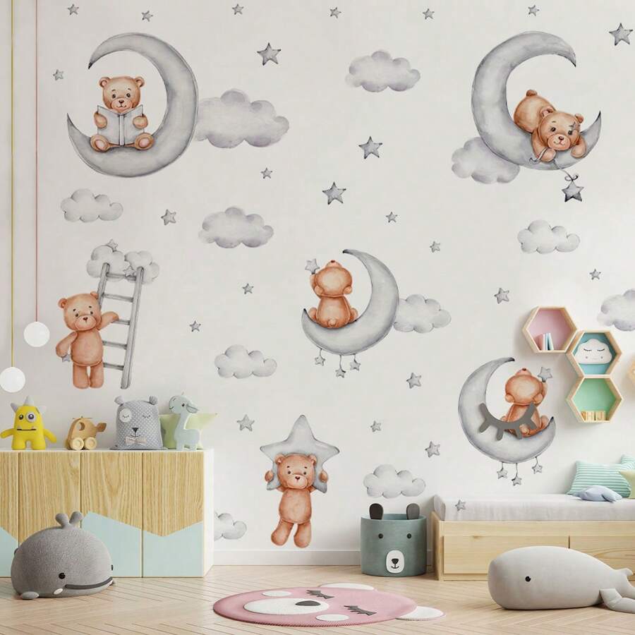 卡通熊月亮云墙贴，贴纸，墙贴花，乙烯基贴花用于家居装饰，春季装饰品让您的家焕然一新，节日装饰贴纸礼物生日毕业 - 彩色 - 查看 1