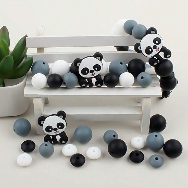 47pcs Panda Focal Beads 12/15mm Round Light Colored Silicone Rubber Decorative Beads, Used For DIY Beaded Keychain Necklace Bracelet Jewelry Crafts Accessories