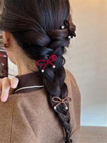 1 Piece Set Of Women's Flocked Christmas Red Elegant Bow Broken Hair Clip Autumn And Winter Retro Alligator Hair Clip 2023 New Bangs Clip Daily Outing Accessories - Coffee - View 3