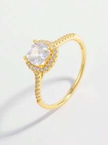 Vaerine 鋯石裝飾銀戒指,適用於婚禮訂婚新娘珠寶 - 金色 - 查看 2