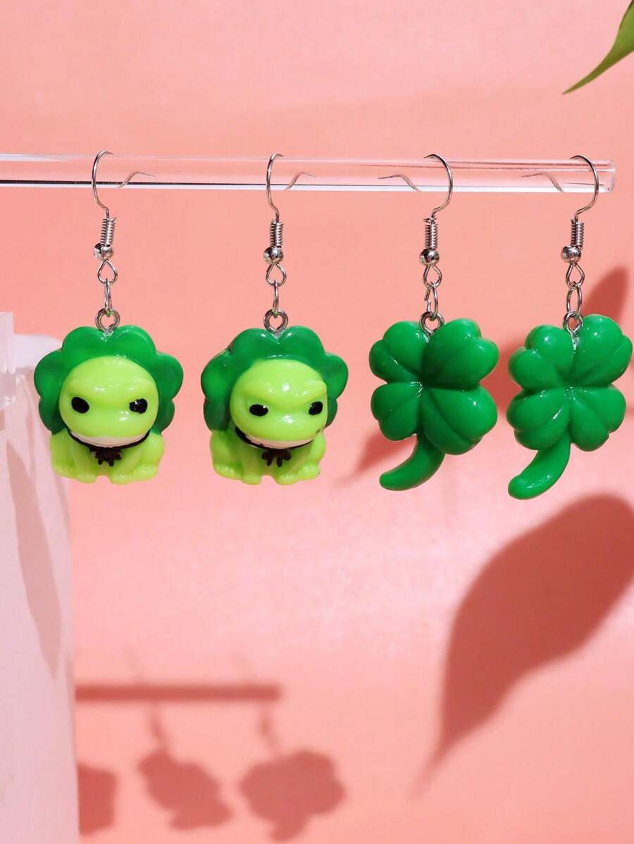 1對創意可愛的青蛙和三葉草垂掛耳環,適用於女士派對佩戴 - A - 查看 1