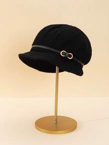 中性款韓國和日本單色黑、米色、咖啡、棕色編織漏斗帽，厚實內裡，帶時尚的皮質扣帶和多變風格，適合母親節、婦女節禮物 - 咖啡棕 - 查看 5