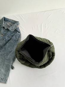 Large Capacity Solid Color Corduroy Shoulder Bag With Quilted Diamond Pattern, Foldable Fashionable Tote Bag For Women, Puffy Design Handbags, School Supplies, School Bag, School Handbag, School Tote Bag, School Bookbag, Back To School Bags, Waterproof, Lightweight, Portable, Classic Casual, Suitable For Teen Girls Women College Students, Perfect For Back To School, First Day Of School - Army Green - View 4