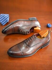 男士牛津皮鞋商务鞋系带经典百搭圆头正装鞋三带男士皮鞋增高英伦风绅士牛津鞋适合会议和婚礼 - 鏽棕色 - 查看 7