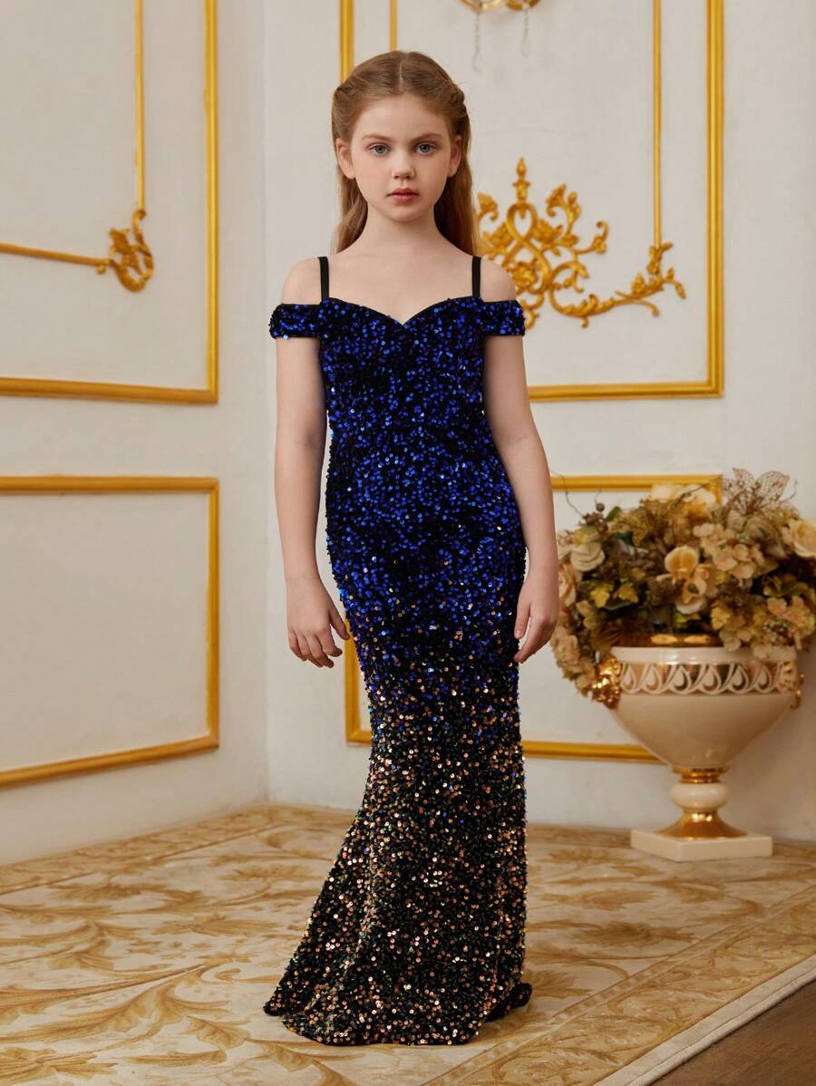 Vestido de noche de lentejuelas con degradado de color para niña preadolescente - Vestido de fiesta largo hasta el suelo con ajuste ceñido y hombros descubiertos para bodas/bailes de graduación/ocasiones especiales - azul real - Ver 1