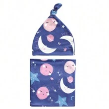 2入組印花新生兒嬰兒包被+帽子,適用於0-12個月嬰兒,四季通用 - 白色 - 查看 1