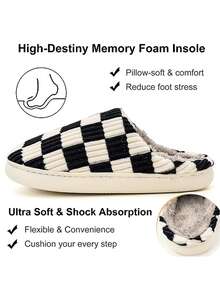 Checkered Memory Foam Fuzzy House Slippers With Fur Lining For Women & Men , Black Plush Bedroom Slippers, Winter Shoes - màu đen - Xem 5
