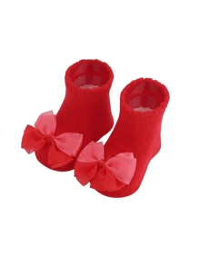 1 Pair Infant Polka Dot Striped Socks With Bowknot & Flower Decor, Suitable For Toddler Girls And Boys - Red - View 1