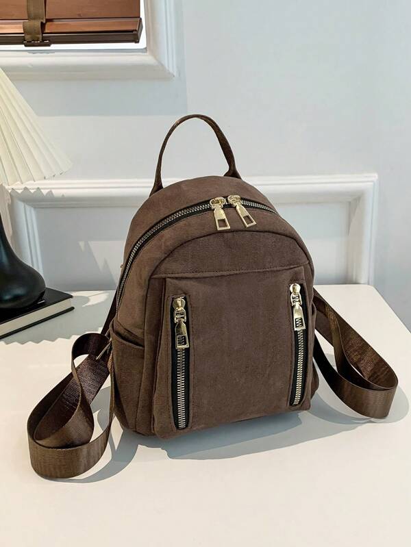 1 Peça Mochila De Veludo Com Zíper De Cor Sólida Para Meninas, Adequado Para Uso Diário No Outono E Inverno