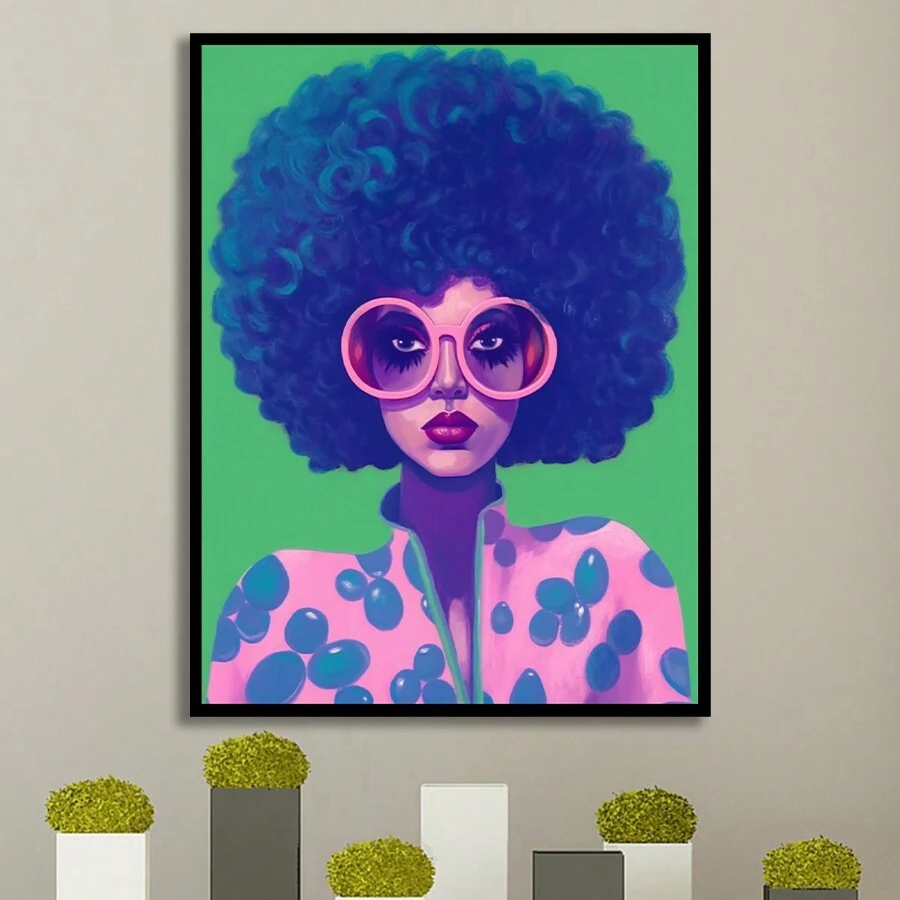 1入組無框帆布印花,帆布海報,印刷畫,藍髮,爆炸頭,個性女性,帆布牆藝術,現代家居牆飾,牆藝家飾 - 彩色 - 查看 1