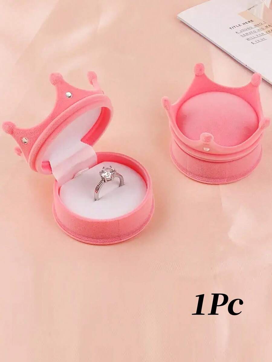 1 件卡通优雅皇冠戒指首饰盒包装可爱求婚结婚戒指盒情人节惊喜礼品盒带塑料水钻，圣诞礼物 - 粉色 - 查看 1