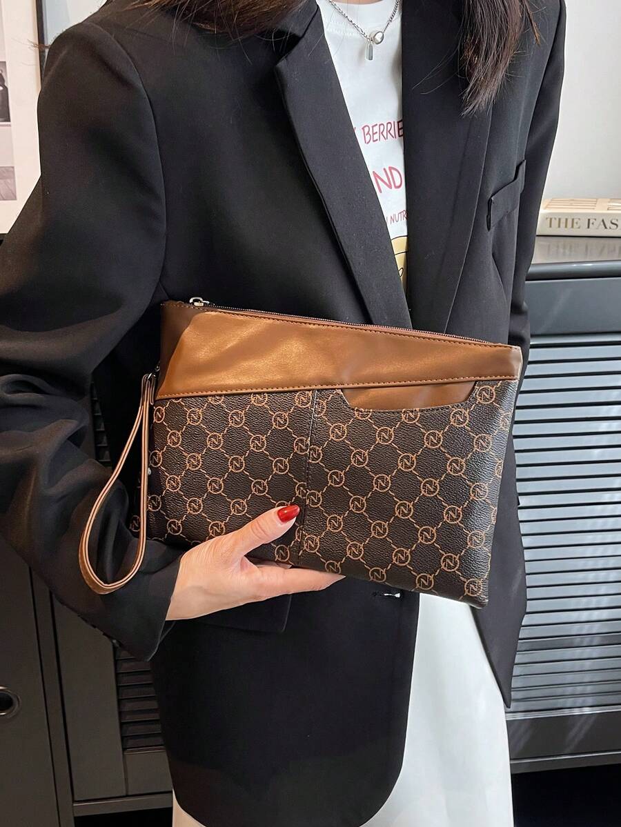 Fashionable Large Capacity Geometric Print Wristlet Bag For Women - Brown - View 1