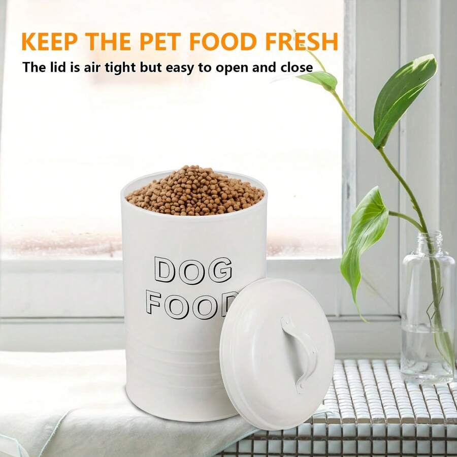 Metal Pet Food Storage Container With Lid And Spoon, Sturdy Farmhouse