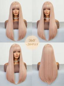 Black Long Straight Wigs For Women, Natural Black Synthetic Wigs With Bangs, Elegant Beautiful Natural Looking Heat Resistant Synthetic Wig Daily Party Use - 香檳色 - 查看 9