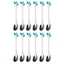 6/12pcs Blue Leaf Coffee Spoon Set, Stainless Steel Appetizer Spoon, Tableware Dessert Spoon, Mini Dessert Vessels, Creative Spoon For Food, Fruits, Mixing Tool, Suitable For Restaurant, Wedding, Household Gatherings, 10cm/3.93 Inch - Blue Leaves - View 3