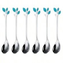 6/12pcs Blue Leaf Coffee Spoon Set, Stainless Steel Appetizer Spoon, Tableware Dessert Spoon, Mini Dessert Vessels, Creative Spoon For Food, Fruits, Mixing Tool, Suitable For Restaurant, Wedding, Household Gatherings, 10cm/3.93 Inch - Blue Leaves - View 1
