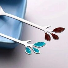6/12pcs Blue Leaf Coffee Spoon Set, Stainless Steel Appetizer Spoon, Tableware Dessert Spoon, Mini Dessert Vessels, Creative Spoon For Food, Fruits, Mixing Tool, Suitable For Restaurant, Wedding, Household Gatherings, 10cm/3.93 Inch - Blue Leaves - View 5
