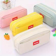 1pc Solid Color Simple Canvas Pencil Case, Multiple Colors, Large Capacity Stationery Pouch, Unique Design Pencil Bag, Suitable For School, Educational Institutions Wholesale Gifts - Beige - View 4