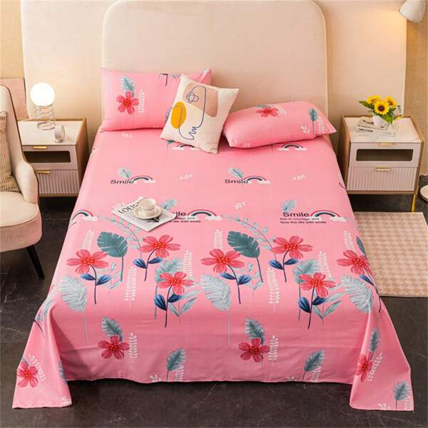 3pcs New Skin-Friendly Printed Flat Sheet And Pillowcase Bedding Set (No Filler)