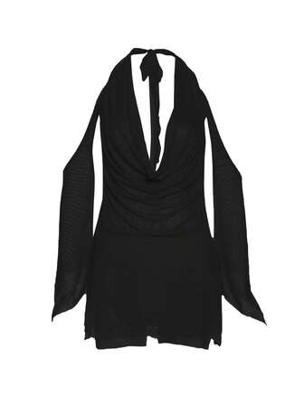 Bikinx Women's Solid Color Double Layer Contrast Mesh Cowl Neck Cover-Up With Long Sleeves And Back Tie, Without Bikini Summer, Halloween