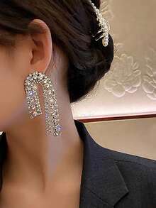 1 Pair Of European And American Personalized Exaggerated High-End Full Diamond Geometric Tassel Women's Earrings - Silver - View 3