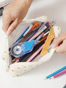 1pc Double-Sided Printed Corduroy Pencil Case With Green Leaf Pattern - Multicolor - View 4