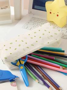 1pc Double-Sided Printed Corduroy Pencil Case With Green Leaf Pattern - Multicolor - View 5