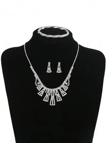 新款項鍊耳環三件式新娘婚禮晚宴配件適合女士 - 銀色 - 查看 6