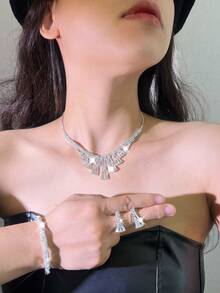 新款項鍊耳環三件式新娘婚禮晚宴配件適合女士 - 銀色 - 查看 1