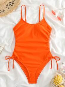 Solid Orange Sexy One Piece Swimsuit With Drawstring And Adjustable Strap For Women, Summer - Orange - View 1