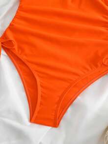 Solid Orange Sexy One Piece Swimsuit With Drawstring And Adjustable Strap For Women, Summer - Orange - View 5
