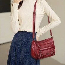 时尚 PU 单肩包，休闲斜挎包，奢华妈妈包，带铆钉装饰，适合日常通勤 - 紅色 - 查看 5