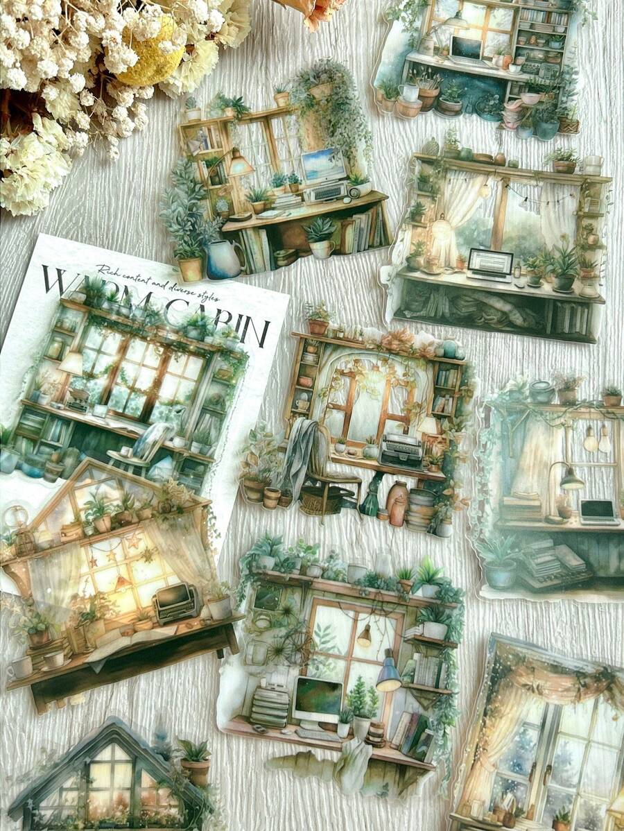 10片裝復古小屋主題diy剪貼紙,適用於手工創作,相冊,日記背景裝飾 - 彩色 - 查看 1