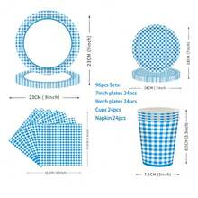 96pcs Blue Checkered Party Tableware Set Disposable Blue Checked Birthday Party Napkins, Plates, Cups, Fresh Tableware Supplies - Blue - View 2