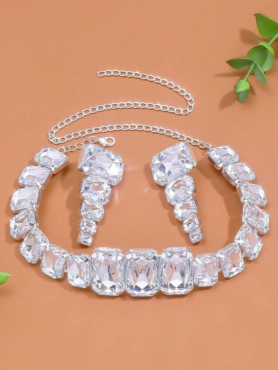 1set Silver Tone Square Big Crystal Necklace And Earrings Fashion Jewelry Set For Women's Catwalk And Stage Costume Accessories - Silver - View 1
