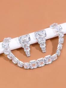 1set Silver Tone Square Big Crystal Necklace And Earrings Fashion Jewelry Set For Women's Catwalk And Stage Costume Accessories - Silver - View 2