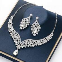 New Spring 2024 2pcs/Set Women's Necklace & Earrings Set, European & American Style, Elegant & Glamorous, Rhinestone Inlaid, Bridal Wedding Jewelry, Clavicle Chain & Earrings
