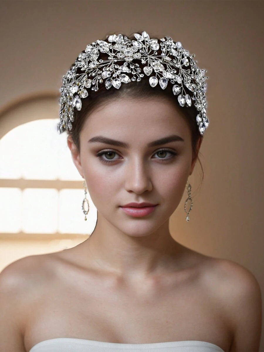 美麗的新娘頭帶銀色水晶婚禮髮夾手工鑲嵌水晶女士頭飾派對髮飾 - 銀色 - 查看 1