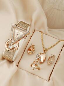 1pc Ladies Watch Rhinestone Studded Personalized Fashion Quartz Wristwatch & 3pcs Jewelry Set Necklace Rings Earrings As A Gift For Students Returning To School