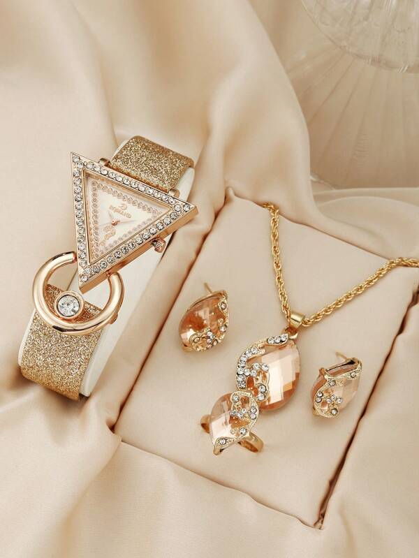 1 szt. Zegarek damski wysadzany kryształkami Spersonalizowany modny zegarek kwarcowy i 3 szt. Zestaw biżuterii Naszyjnik Pierścionki Kolczyki Jako prezent dla uczniów wracających do szkoły