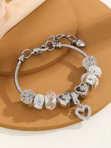 1pc Rhinestone Heart Charm Brass Bracelet For Women For Daily Decoration & Valentines. Valentines,Mom,Mother,Mother's Day,Gift