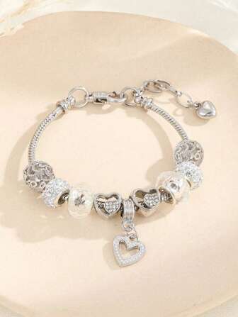 1pc Rhinestone Heart Charm Brass Bracelet For Women For Daily Decoration & Valentines. Valentines,Mom,Mother,Mother's Day,Gift