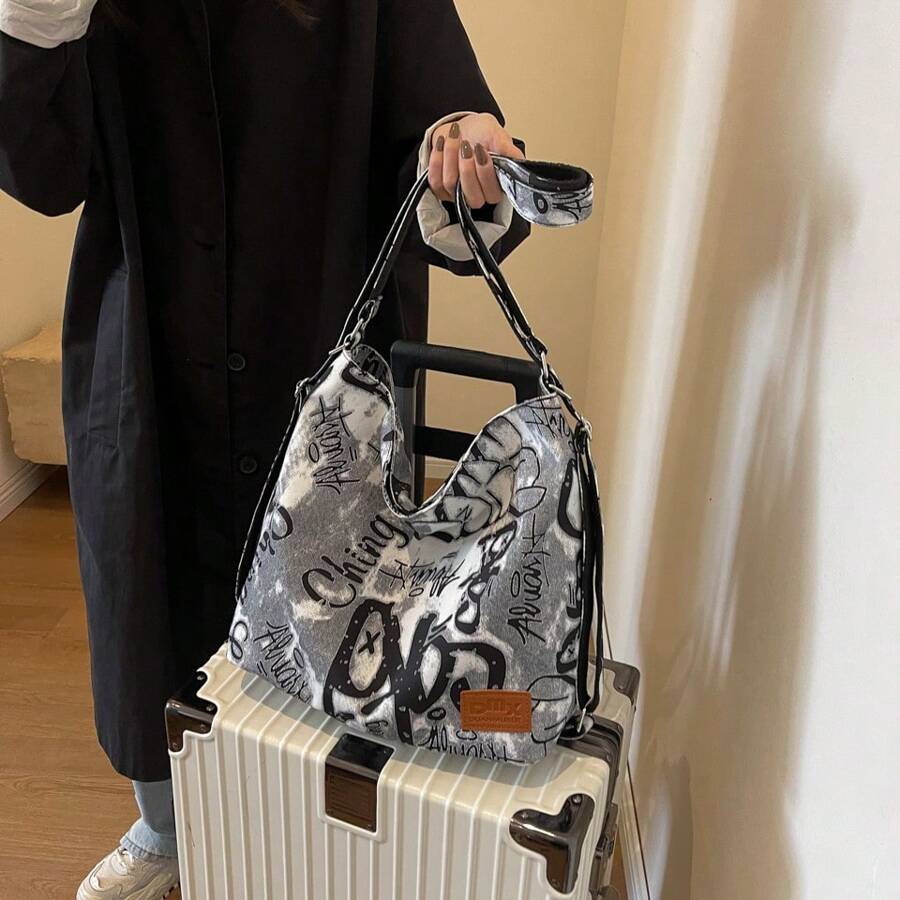 Uncommon Design Japanese Style Fashionable Graffiti Patterned Casual Crossbody Bag With Large Capacity For Commuting, Minimalist Tote Backpack - Grey - View 1