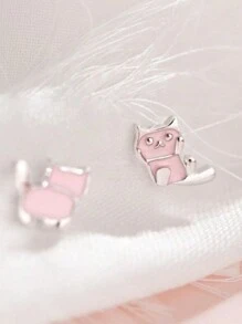1件装 时尚不对称可爱猫咪粉色铜耳环，适合女性日常佩戴 - 粉色 - 查看 2