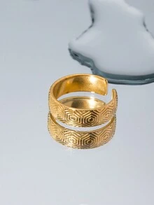 1pc Personalized All-Match 18k Gold-Plated Stainless Steel Vintage Pentagonal Pattern Open Ring Bracelet Accessory For Women - Yellow Gold - View 10