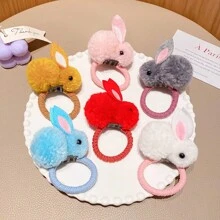 2入組兔毛絨兔耳頭箍,可愛動物橡皮筋,高彈性髮圈 - 彩色 - 查看 3