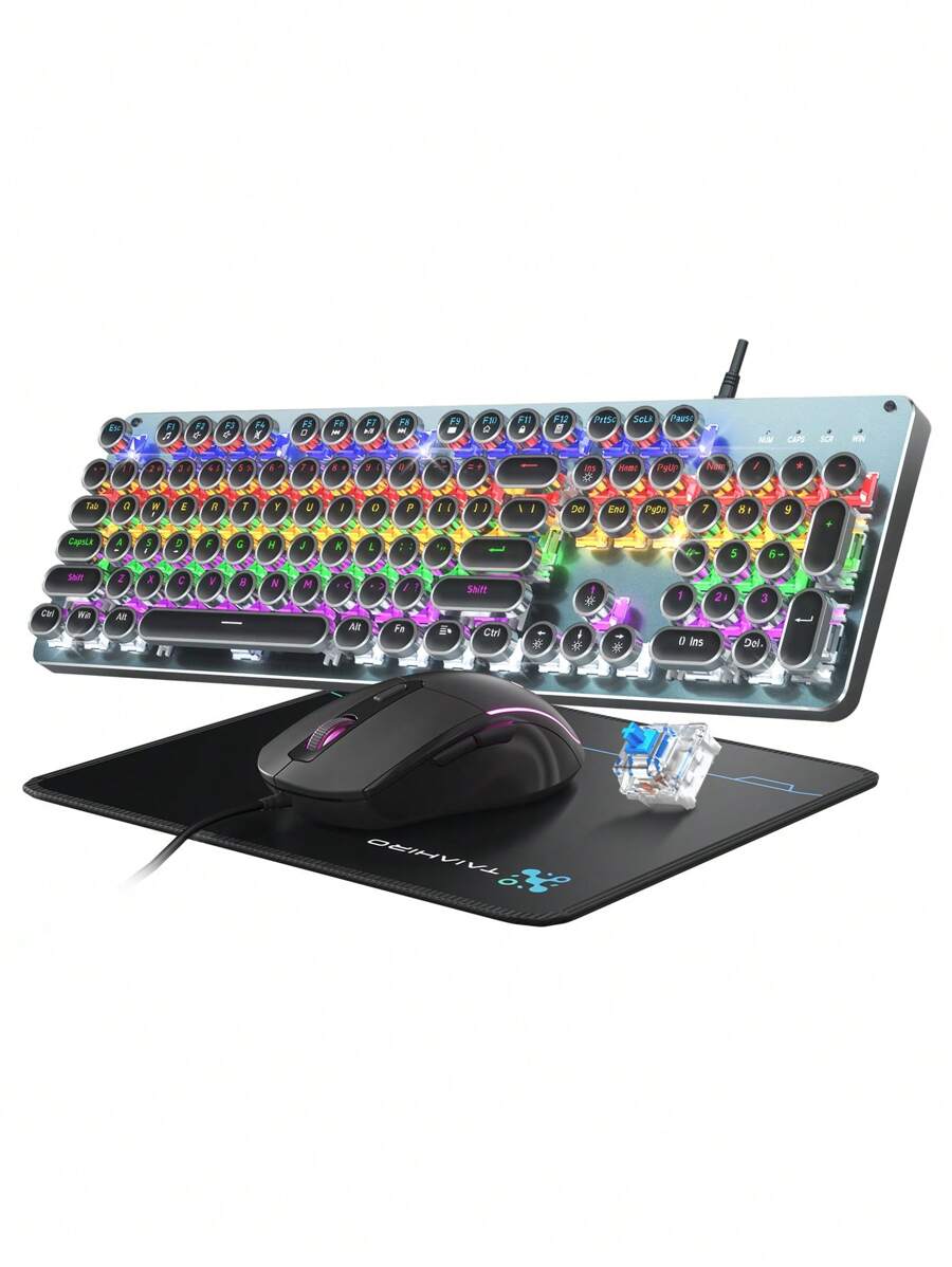 Taiahiro 機械遊戲鍵盤,滑鼠和滑鼠墊組合,打字機風格機械遊戲鍵盤,帶有 Rgb 背光的黑色復古朋克遊戲鍵盤,104 鍵藍色開關有線可愛鍵盤,適用於 Windows//pc 的圓形鍵帽 - 黑色 - 查看 1