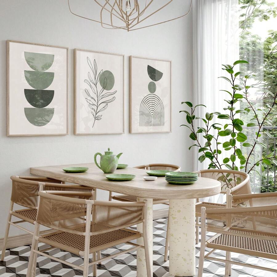Bộ 3 tranh nghệ thuật treo tường phong cách Bohemian màu xanh lá cây nhạt, tranh sơn dầu trừu tượng hình học trên vải canvas, tranh áp phích phong cách Boho, trang trí tối giản, thích hợp để trang trí phòng ngủ, phòng khách hoặc văn phòng, không khung. - Nhiều màu - Xem 1