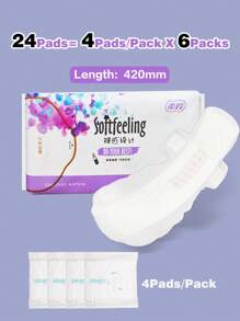 4個裝 X 6包（總共24個裝）女性用衛生巾,長度420毫米的夜用棉墊,配有翼裝,超薄衛生棉網 - 紫色 - 查看 2